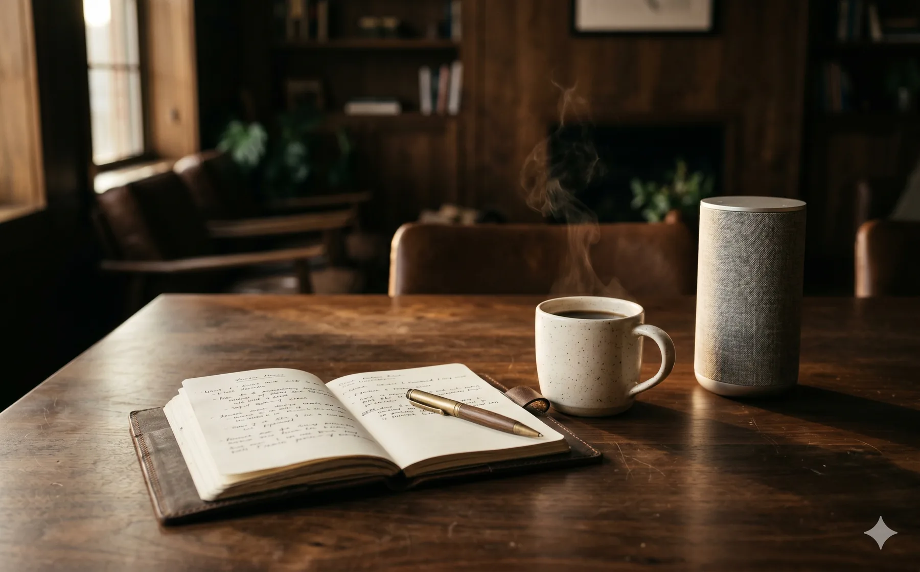 Conversación pausada — un cuaderno abierto, café y un altavoz minimalista a la luz cálida de una ventana