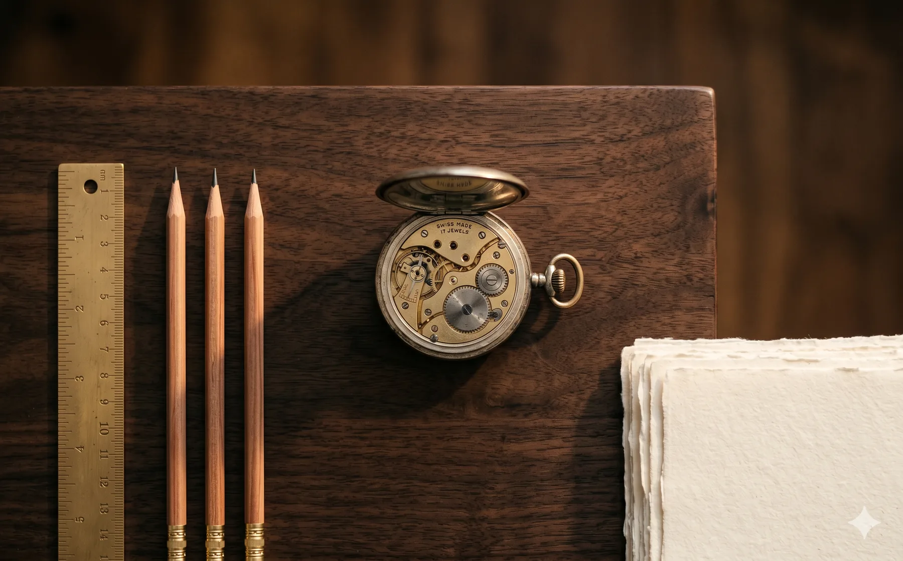 Mecanismo de precisión — objetos artesanos alineados sobre madera, sugiriendo procesos en armonía